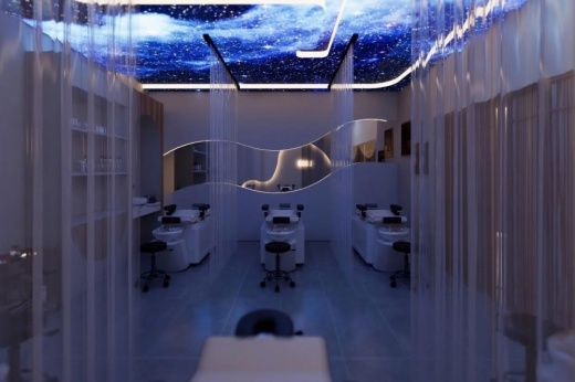 Head spa stations in a dim room