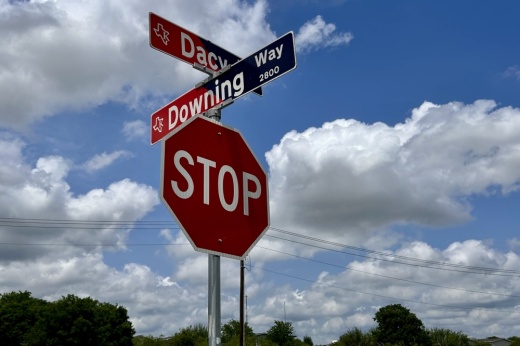 Following the City Council’s direction for the city manager to evaluate options and provide recommendations, council received an update on proposed traffic safety improvements at the intersection of Dacy Lane and Downing Way during its April 15 meeting. (Jamie Moore/Community Impact)