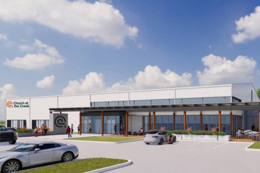 Architectural rendering of a building with Church at the Creek signage.