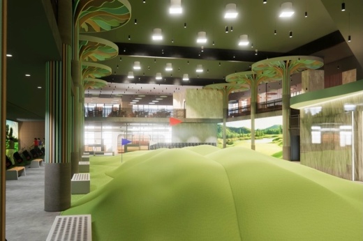 a rendering of an indoor golf course facility