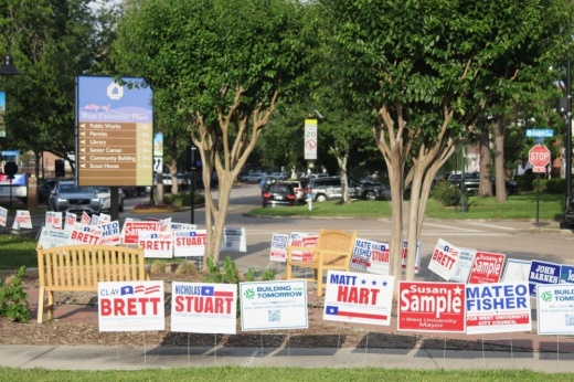 Candidate signs posted outside West U's municipal building