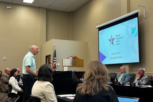 Rocky Gardiner, director of school district consulting for Zonda Education, shared an update on the district's enrollment projections April 15. (Brooke Sjoberg/Community Impact)