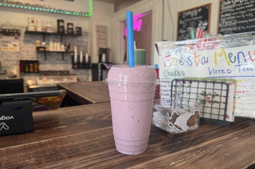 Gruene Lake Nutrition's Berry Blast protein shake ($8.69) consists blueberries and strawberries. (Maddy Morales/Community Impact)