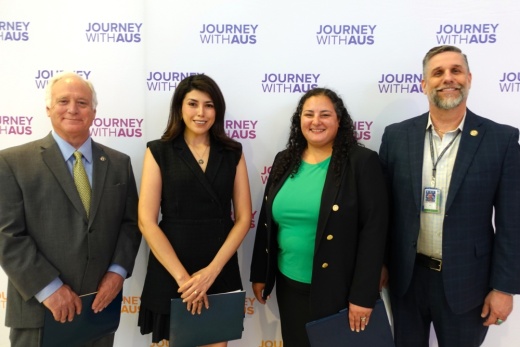 From left, Austin Mayor Kirk Watson, council member Vanessa Fuentes, airport CEO Ghizlane Badawi and Deputy Assistant Federal Security Director Terry Zweschper during the Atrium Infill Project commencement May 12. (Courtesy Austin-Bergstrom International Airport)