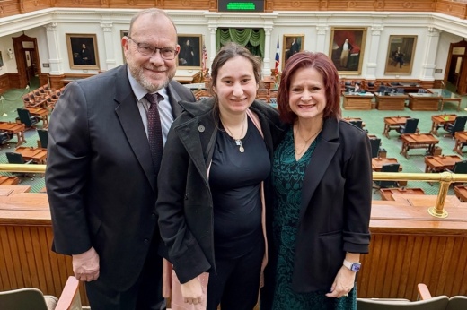 From left: Father Boyd Handley stands with Caytlin Handley, House Bill 1188's namesake, and mother Carey Handley on April 8. The bill, awaiting signature by Gov. Greg Abbott, aims to inform families of resources available through local IDD authorities. (Courtesy Carey Handley)