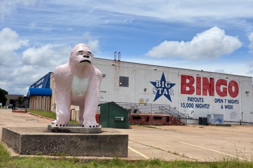 The long-standing pink gorilla statue within the Anderson Square retail center will be preserved though plans for the commercial complex indicate robust changes. (Crystal Martinez/Community Impact)