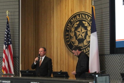 McKinney Mayor Bill Cox speaks after being sworn into office on June 17 at McKinney City Hall.