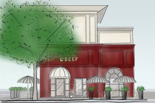 Drawing of a red building with LeBeef Signage and umbrella covered tables on patios.