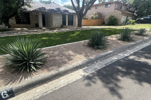 Dry plants are seen on a front yard of a home in San Antonio, Texas.