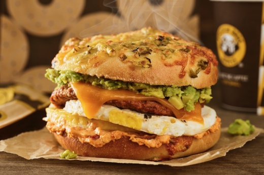 An egg sandwich is seen on a table at an Einstein Bros. Bagels location.