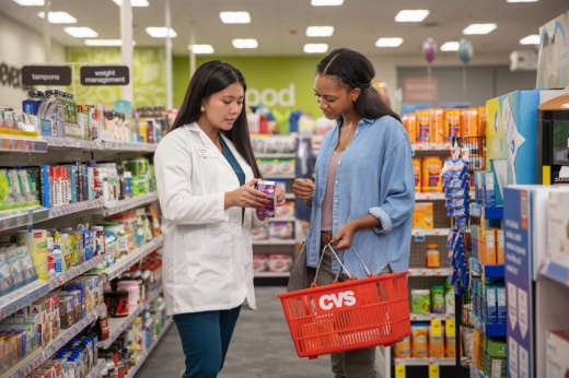 A pharmacist talking with a patient inside a CVS Pharmacy