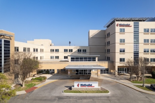 The exterior of Methodist Hospital Northeast in Live Oak, Texas is shown on a sunny afternoon.