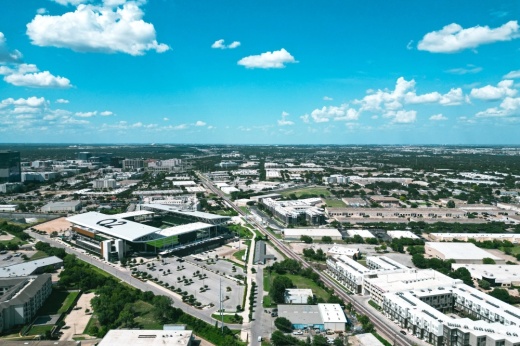 Drone shot of Q2 Stadium and surrounding North Burnet/Gateway area