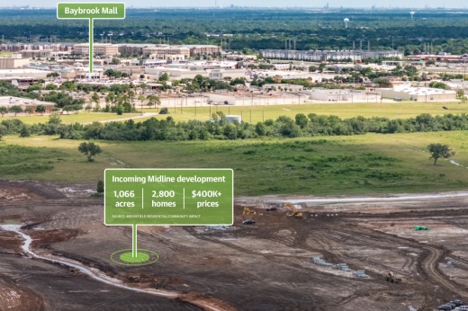 Brookfield Residential and CDC Houston are developing Midline, which will bring thousands of homes near Baybrook Mall in the Bay Area as soon as 2026. Utility work has since begun, with the first home sales expected in the spring. (Jamaal Ellis/Community Impact)