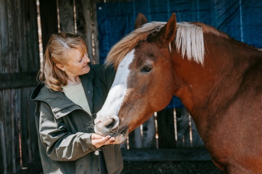 A woman petting a brown and white horse.