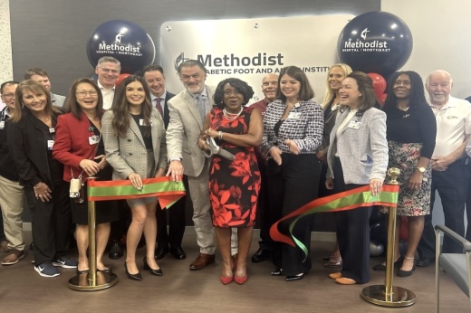 A group of city leaders and hospital staff from Methodist Hospital Northeast in Live Oak, Texas gather to cut a ribbon on a new Diabetic Foot and Ankle Institute.