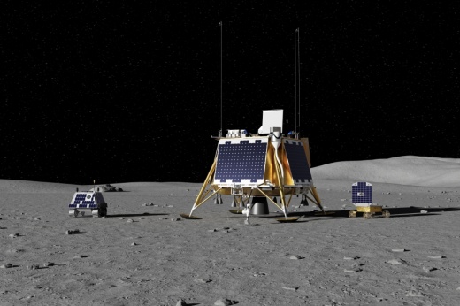 The image shows a lunar lander on the moon.