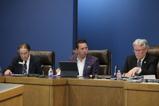 Pictured, during City Council's May 8 meeting, (left to right) is council member Mike Marshall, City Manager Jason Stuebe and Mayor Norman Funderburk.