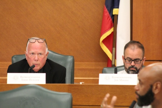 Rep. Todd Hunter, R-Corpus Christi, answers questions from Rep. Christian Manuel, D-Port Arthur, during an Aug. 18 committee meeting on a congressional redistricting plan. (Hannah Norton/Community Impact)