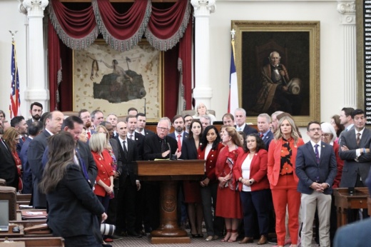 Flanked by House Republicans, Rep. Todd Hunter, R-Corpus Christi, answers questions about the plan to redraw Texas' congressional districts shortly before an Aug. 20 House vote. (Hannah Norton/Community Impact)