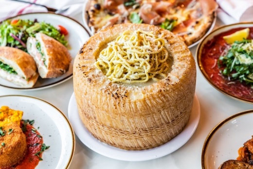The cacio e pepe will be made in-house with spaghetti in a pecorino cheese sauce and served in a pecorino cheese wheel. (Courtesy Sara Chevere/Invizio Marketing)