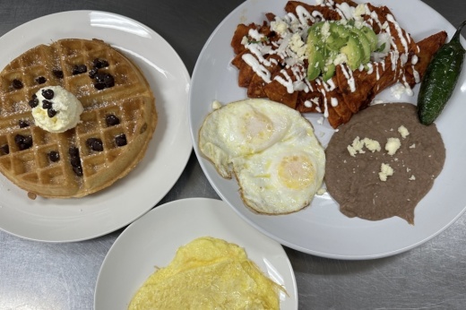 Chilaquiles and a chocolate chip waffle from Main St. in Keller