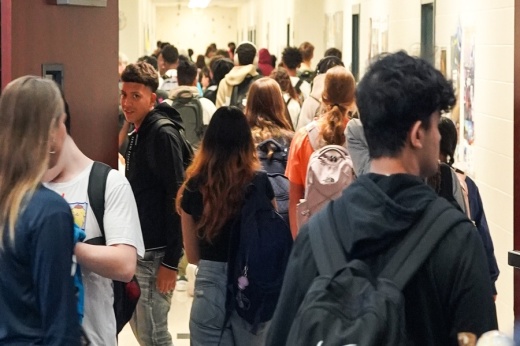 high school students in a hallway