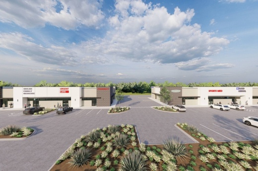 Architectural rendering of strip center with generic business name signage on the building.