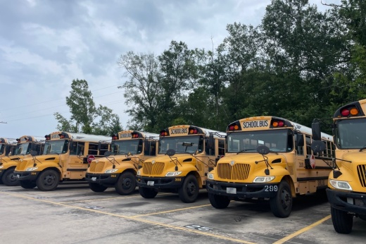Line of NCISD buses parked in parking lot