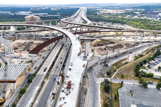 The I-10 and Loop 1604 interchange will include eight flyover ramps. (Dragon Drone Services/Community Impact)