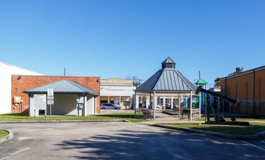 a park gazebo and other buildings