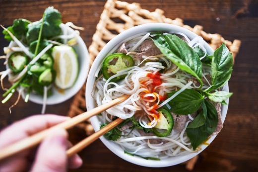 Overhead image of a bowl of pho