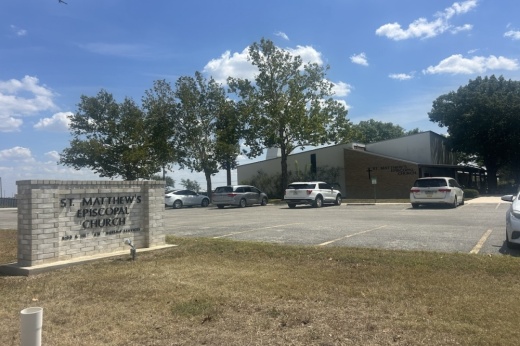 The exterior of a church is shown in Universal City, Texas.