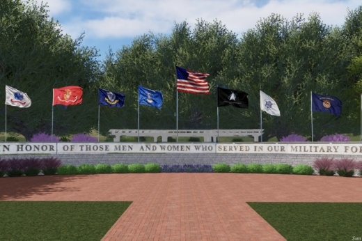 rendering of a wall in a garden with various flags flying from in