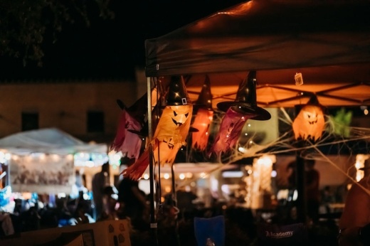a tent with halloween decorations