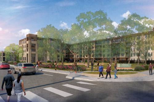 Rendering of people walking by a buildling with trees