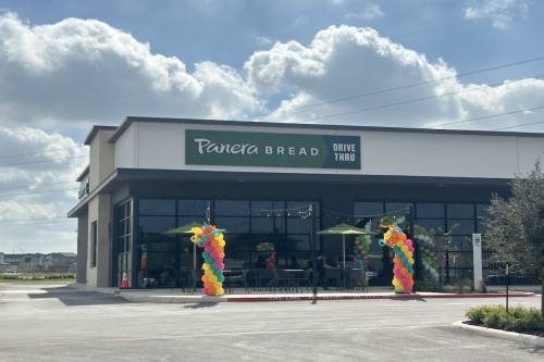 The exterior of a new Panera Bread restaurant is shown in Schertz, Texas.