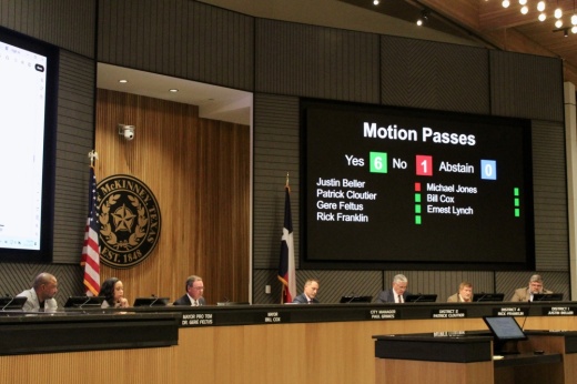 McKinney City Council members cast their votes on an ordinance that would limit where people can sit or lie down in downtown McKinney.
