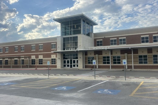 The exterior of Kirby Middle School in San Antonio, Texas is seen on a partly cloudy day.