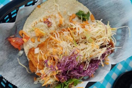 A photo of a fish taco.