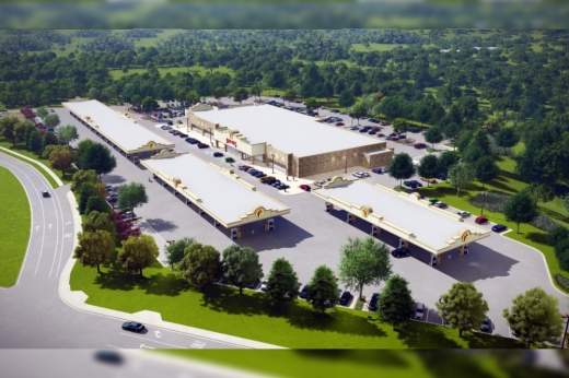 aerial view rendering of a gas station among trees