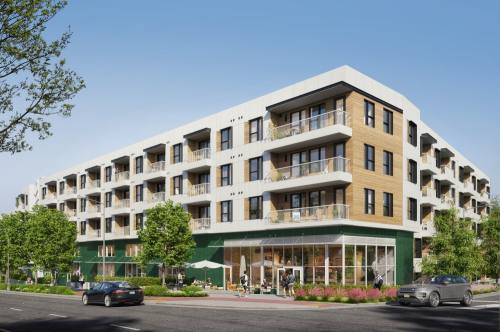 A rendering of a five-story multi-family housing development