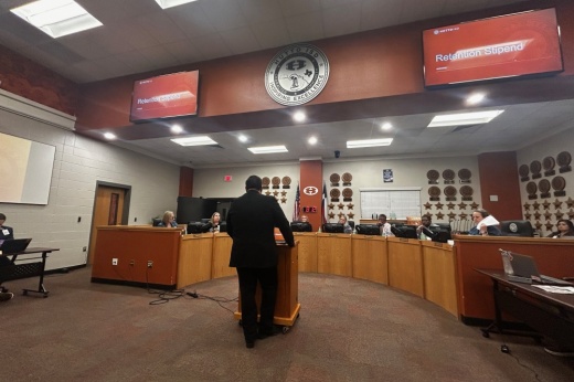 Hutto ISD Chief Financial Officer Caleb Steed shared information about a one-time retention stipend staff will receive in December. (Brooke Sjoberg/Community Impact)