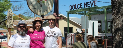 From left: Leo Ferrarese, Francesca Silverstrini and Marco Silverstrini in front of Dolce Neve, a gelato shop the trio opened more than one year ago. The group intends to expand Dolce Neve into East Austin. 