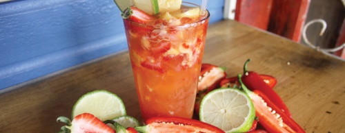 The Guava Strawberry Jalepeno Margarita is a blend of fresh fruits and premium tequila. 