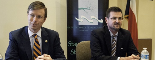 Rep. Will Metcalf and Sen. Brandon Creighton speak at the Conroe/Lake Conroe Chamber of Commerce.