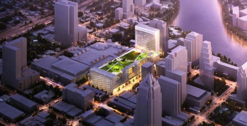 A proposal to expand Austin Convention Center westward involves adding a 3-acre park atop the expanded event center.