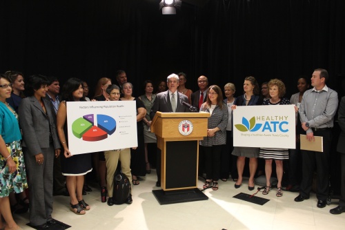 Mayor Steve Adler announces the Healthy ATC initiative at City Hall. 