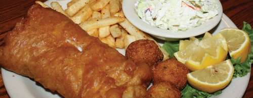 Beer-battered cod filet ($10.99) comes with either fries or chips and hush puppies.