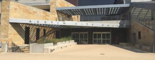 The south entrance of Austin City Hall faces East Cesar Chavez Street in downtown Austin.
